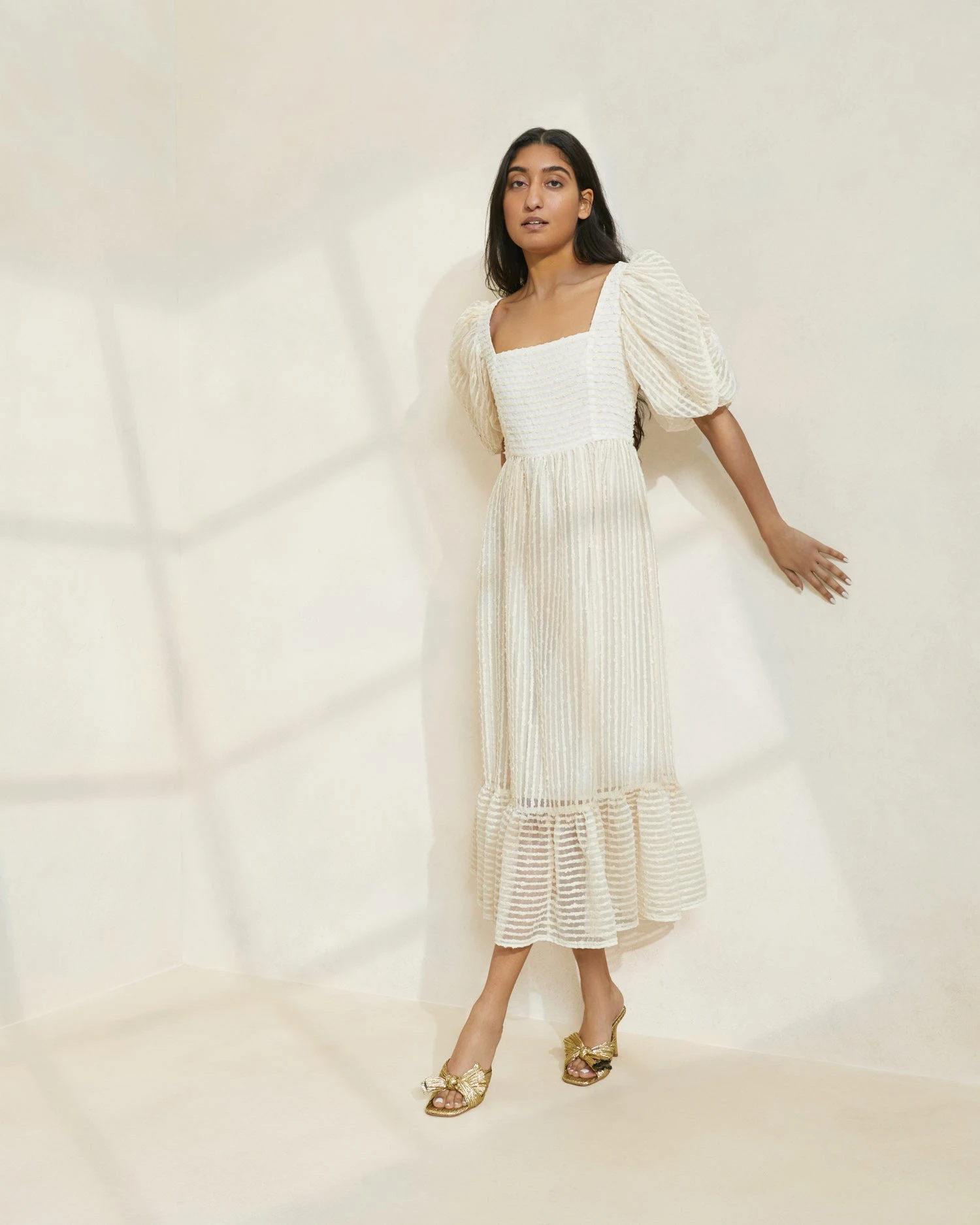 Loeffler Randall Addison Cream Stripe Puff-Sleeve Dress 1 Loeffler Randall Addison Cream Stripe Puff-Sleeve Dress