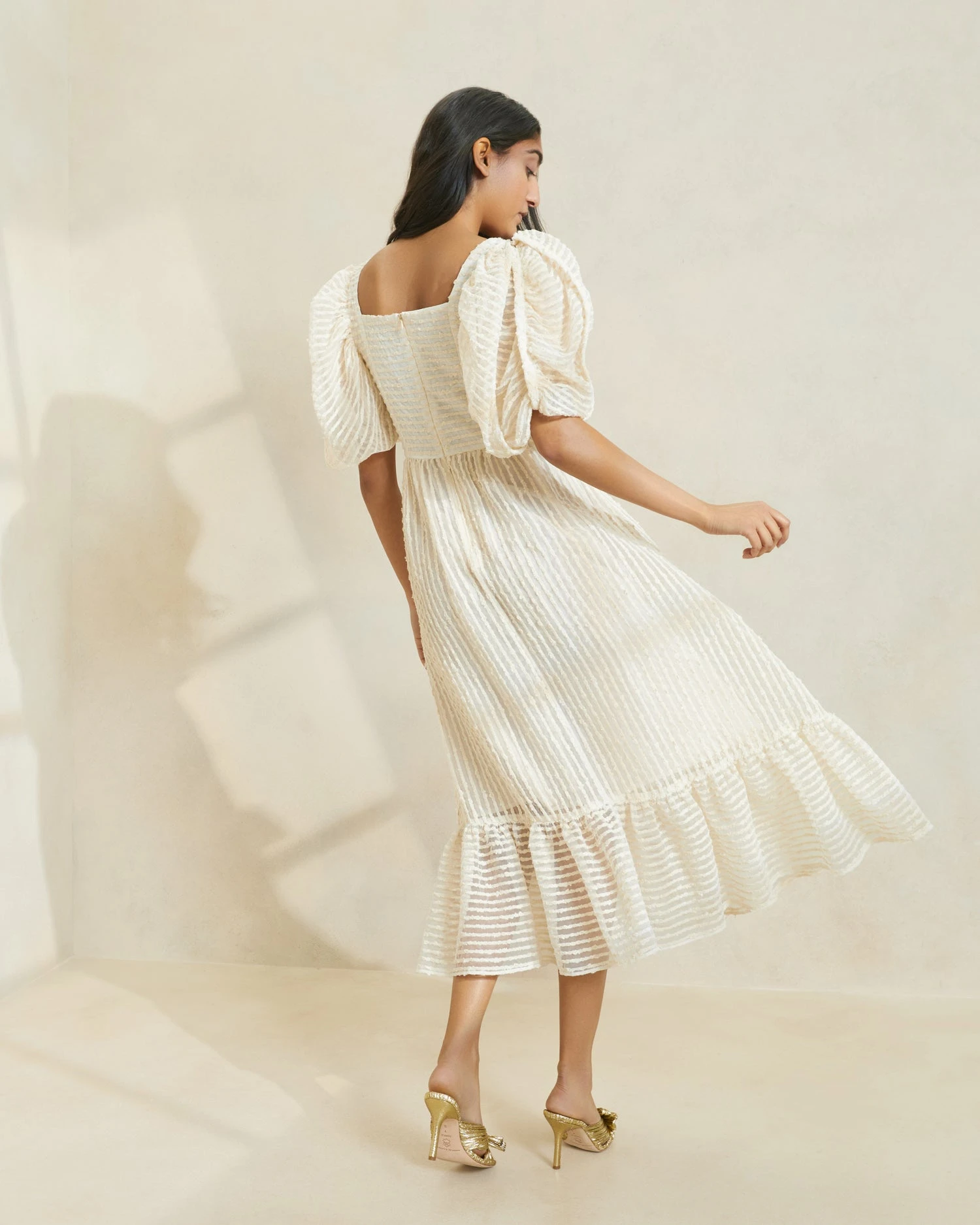 Loeffler Randall Addison Cream Stripe Puff-Sleeve Dress 3 Loeffler Randall Addison Cream Stripe Puff-Sleeve Dress - Image 3