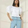 Loeffler Randall Anna White Puff-Sleeve Peplum Top