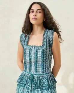 Loeffler Randall Arden Green Gingham Scalloped Blouse