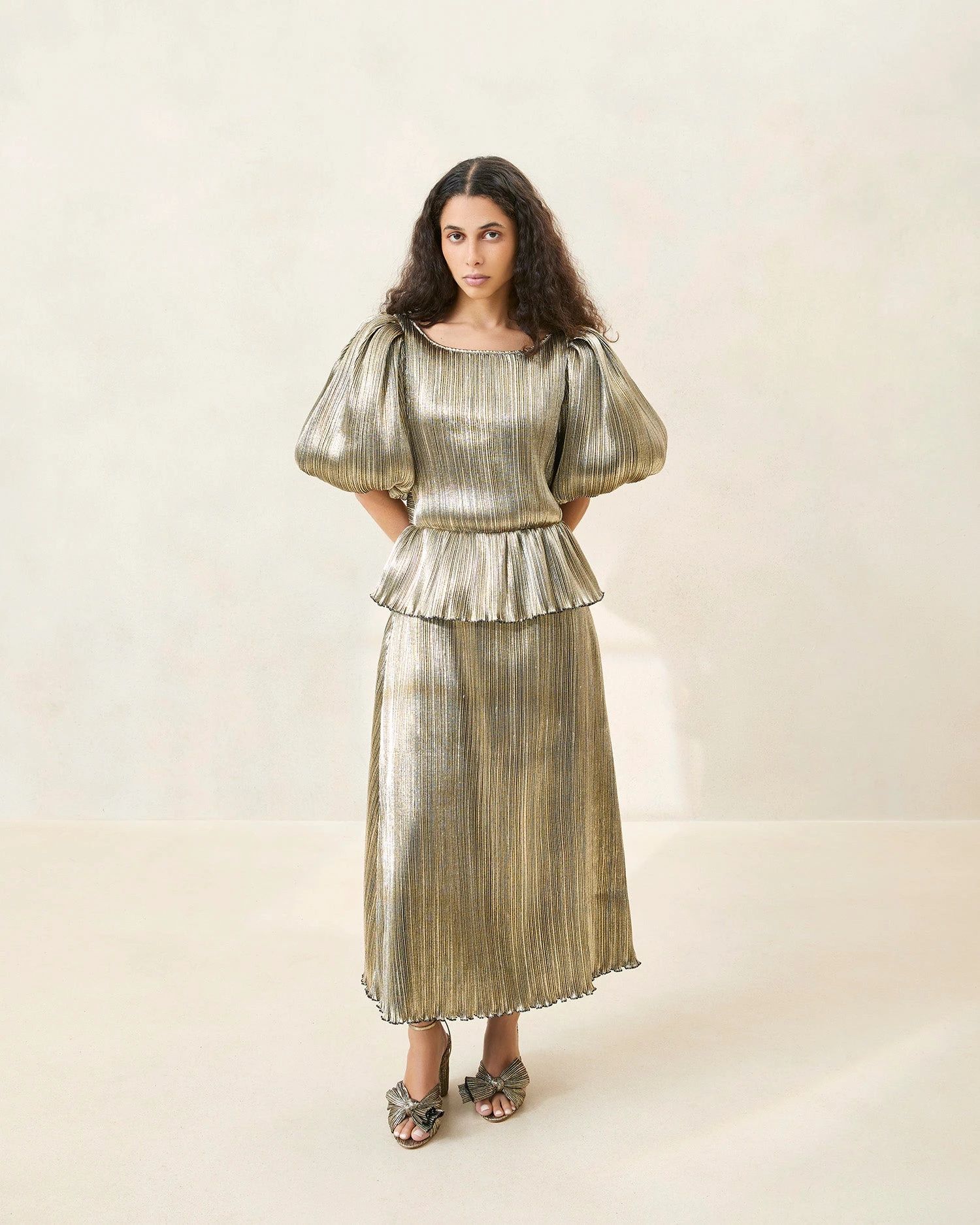 Loeffler Randall Dorit Gold Puff-Sleeve Pleated Dress 1 Loeffler Randall Dorit Gold Puff-Sleeve Pleated Dress