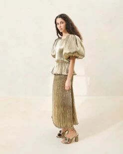 Loeffler Randall Dorit Gold Puff-Sleeve Pleated Dress 9 Loeffler Randall Dorit Gold Puff-Sleeve Pleated Dress -Loeffler Randall DORIT PLFM CHAMP 028copy