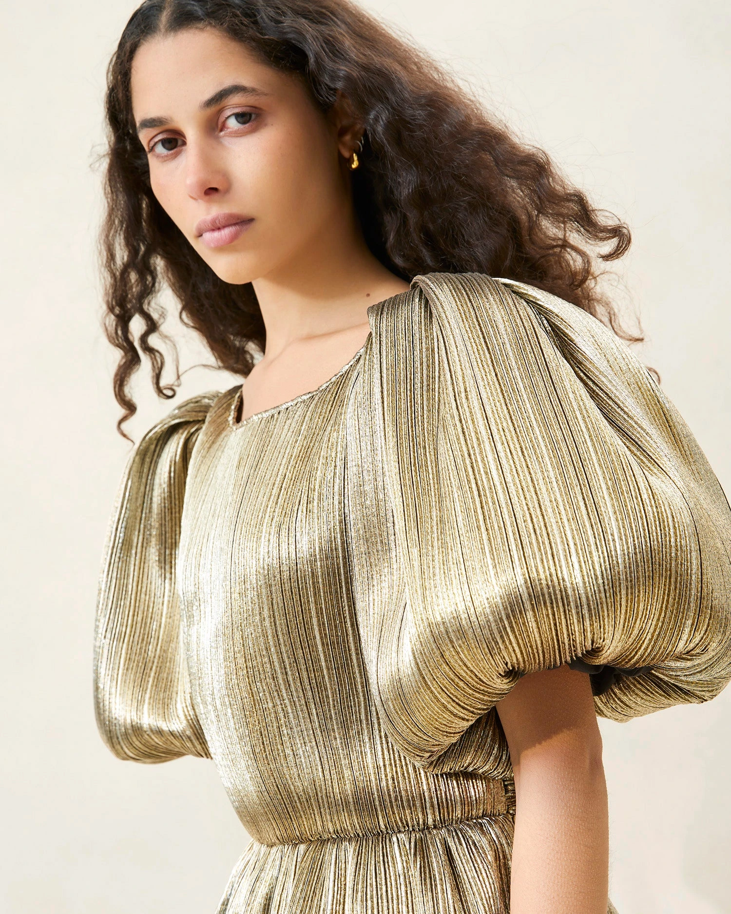 Loeffler Randall Dorit Gold Puff-Sleeve Pleated Dress 3 Loeffler Randall Dorit Gold Puff-Sleeve Pleated Dress - Image 3