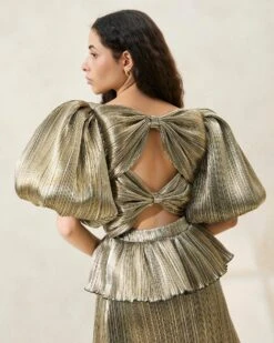 Loeffler Randall Dorit Gold Puff-Sleeve Pleated Dress 8 Loeffler Randall Dorit Gold Puff-Sleeve Pleated Dress -Loeffler Randall DORIT PLFM CHAMP 106copy