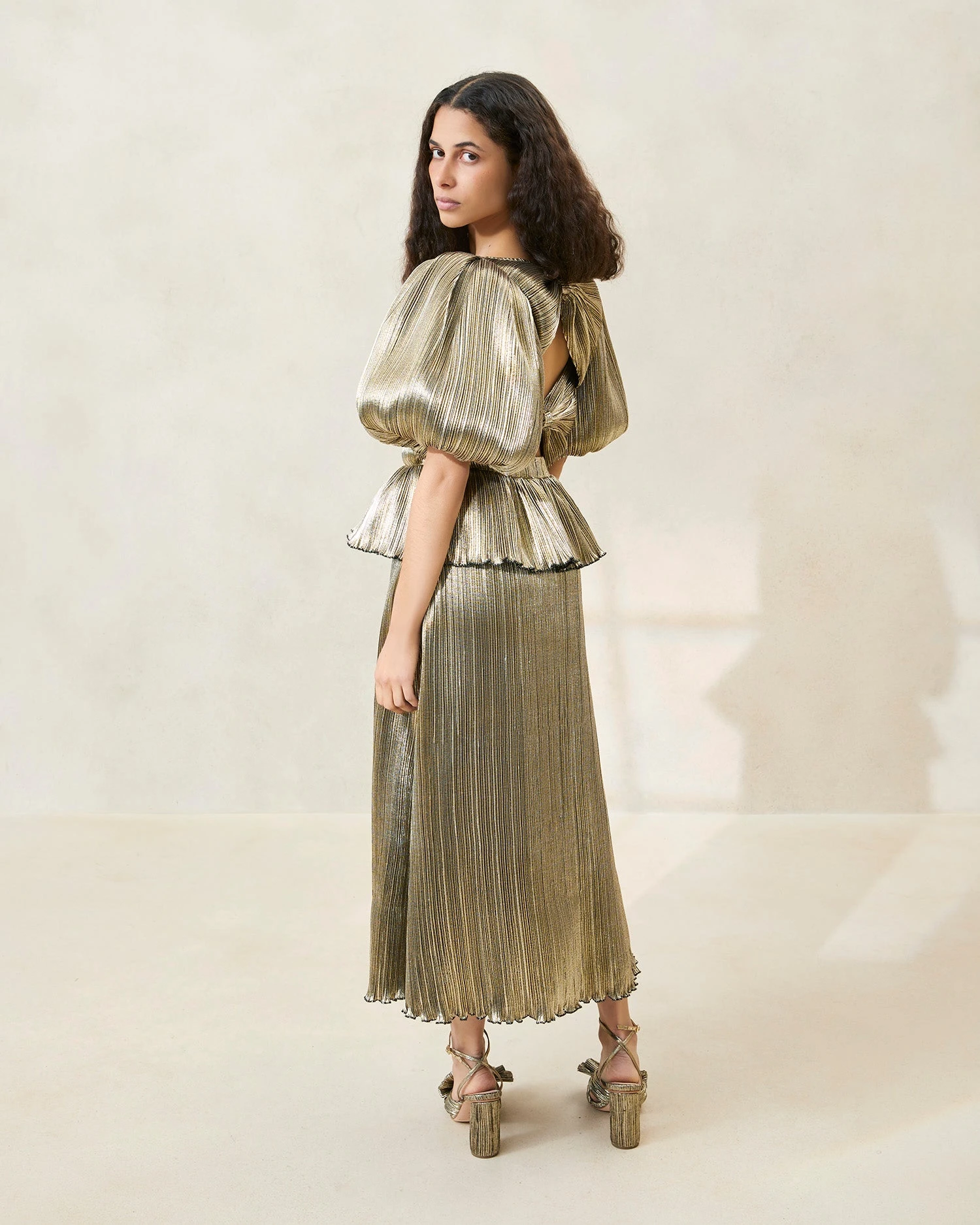 Loeffler Randall Dorit Gold Puff-Sleeve Pleated Dress 2 Loeffler Randall Dorit Gold Puff-Sleeve Pleated Dress - Image 2