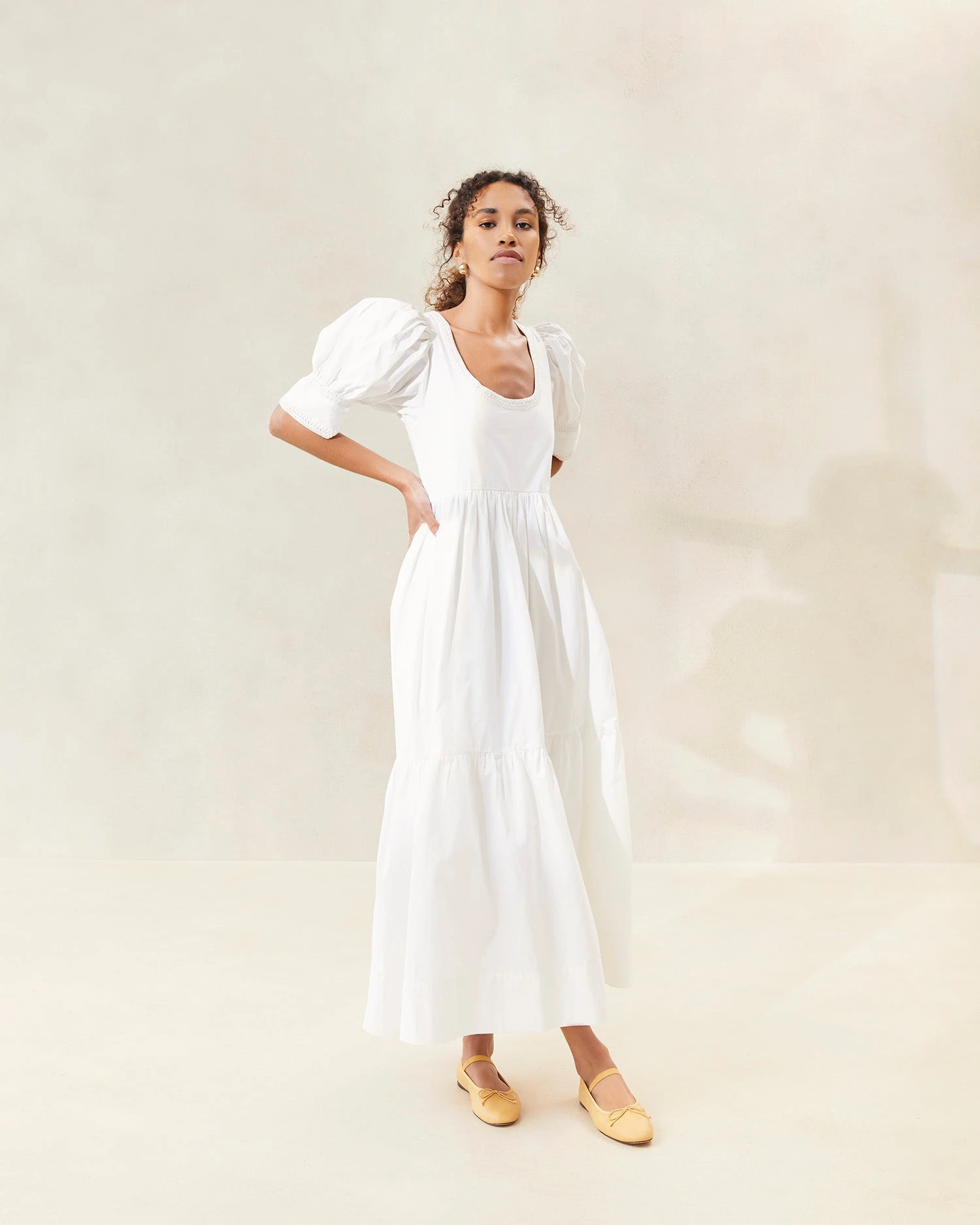 Loeffler Randall Gillian Milk Puff-Sleeve Tiered Dress 1 Loeffler Randall Gillian Milk Puff-Sleeve Tiered Dress