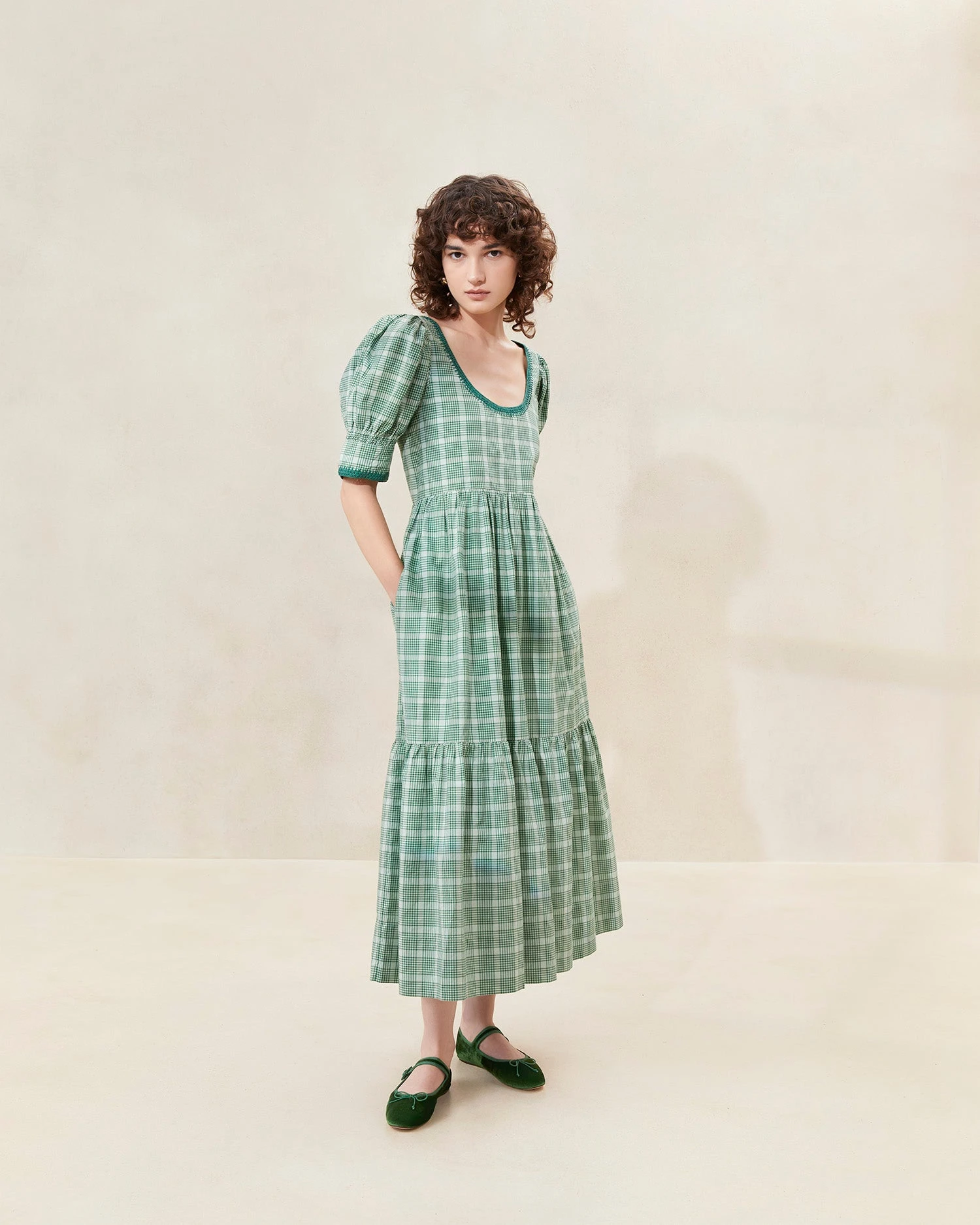 Loeffler Randall Gillian Plaid Puff-Sleeve Tiered Dress 1 Loeffler Randall Gillian Plaid Puff-Sleeve Tiered Dress