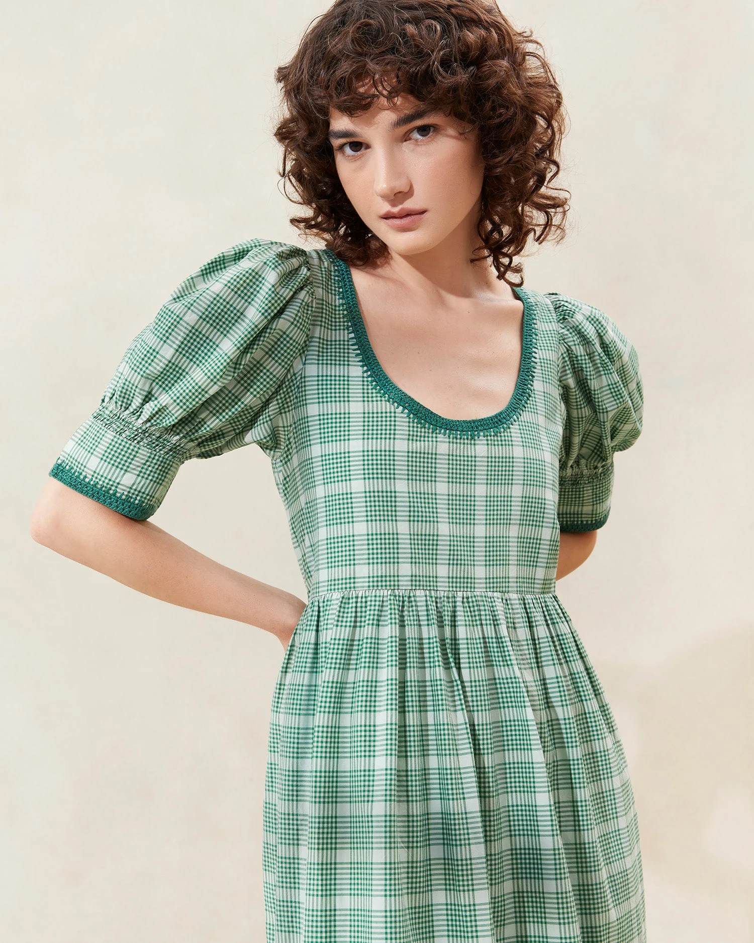 Loeffler Randall Gillian Plaid Puff-Sleeve Tiered Dress 2 Loeffler Randall Gillian Plaid Puff-Sleeve Tiered Dress - Image 2