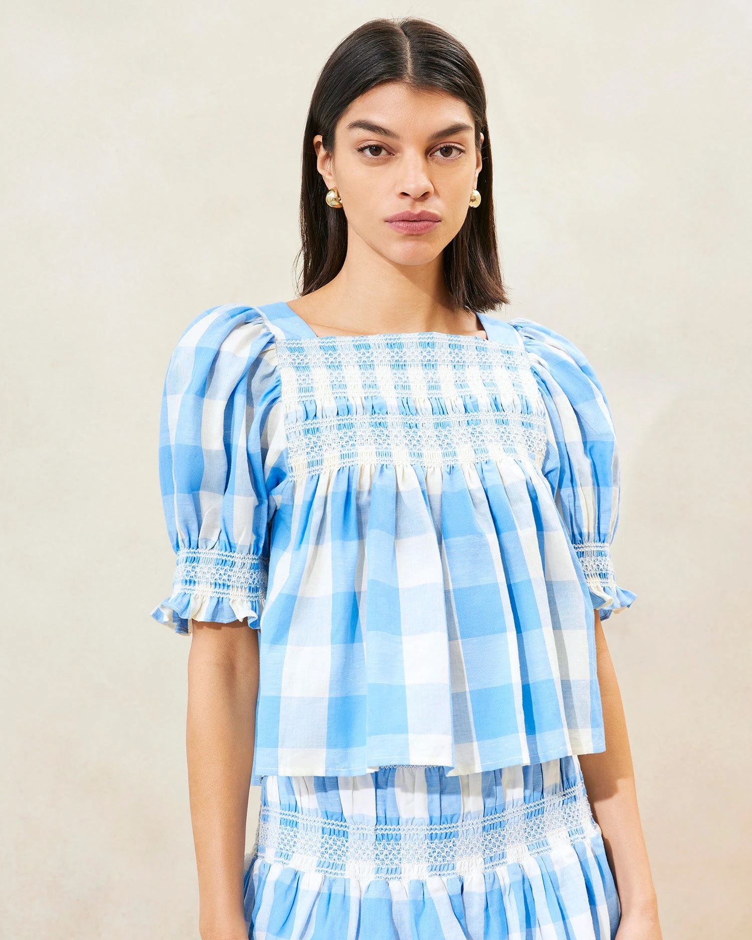 Loeffler Randall Lydie Blue Gingham Smocked Top 1 Loeffler Randall Lydie Blue Gingham Smocked Top