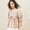 Loeffler Randall Lydie Brown Gingham Smocked Top