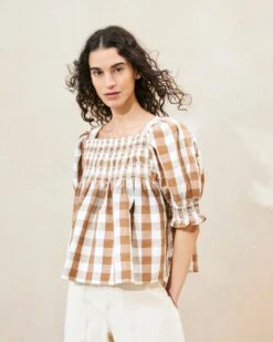 Loeffler Randall Lydie Brown Gingham Smocked Top