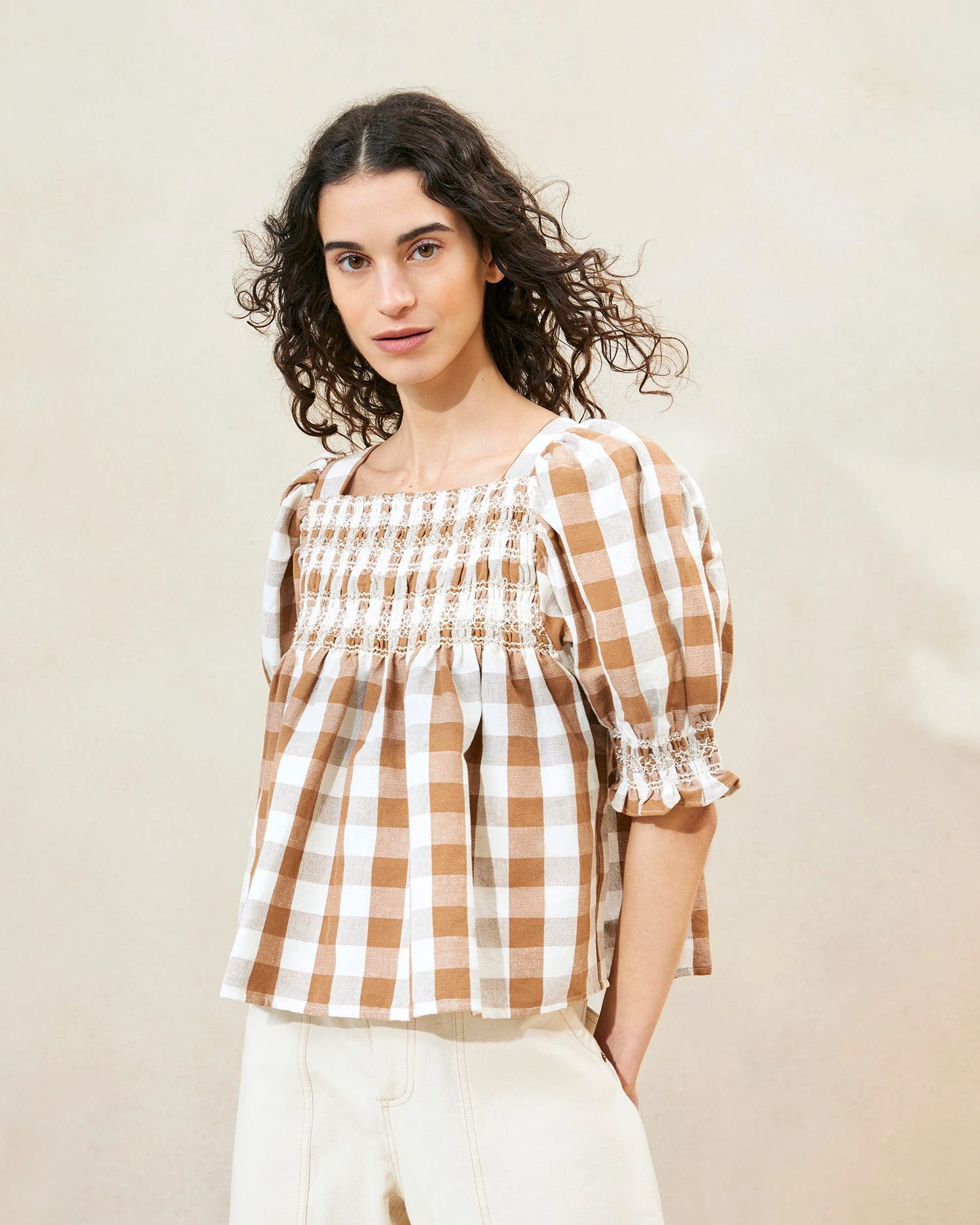 Loeffler Randall Lydie Brown Gingham Smocked Top 1 Loeffler Randall Lydie Brown Gingham Smocked Top