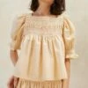 Loeffler Randall Lydie Sand Ecru Smocked Top