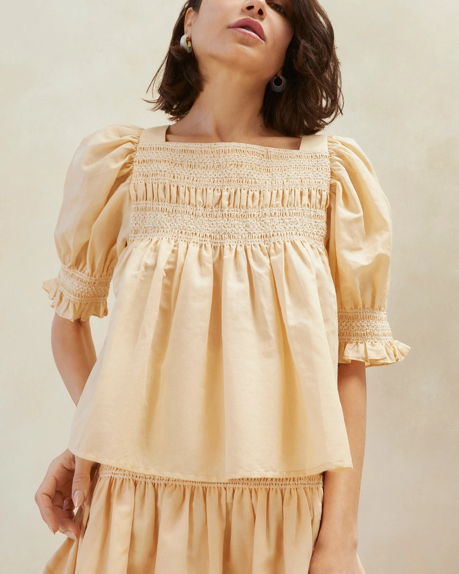 Loeffler Randall Lydie Sand Ecru Smocked Top 1 Loeffler Randall Lydie Sand Ecru Smocked Top