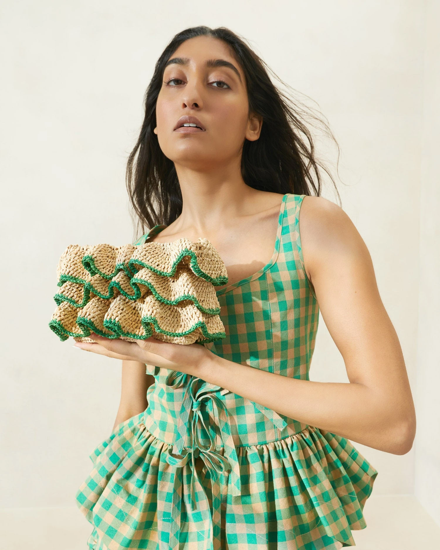 Loeffler Randall Odette Natural/Green Ruffle Clutch 5 Loeffler Randall Odette Natural/Green Ruffle Clutch - Image 5