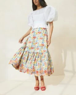 Loeffler Randall Opal Multi Floral Ruffle-Hem Skirt