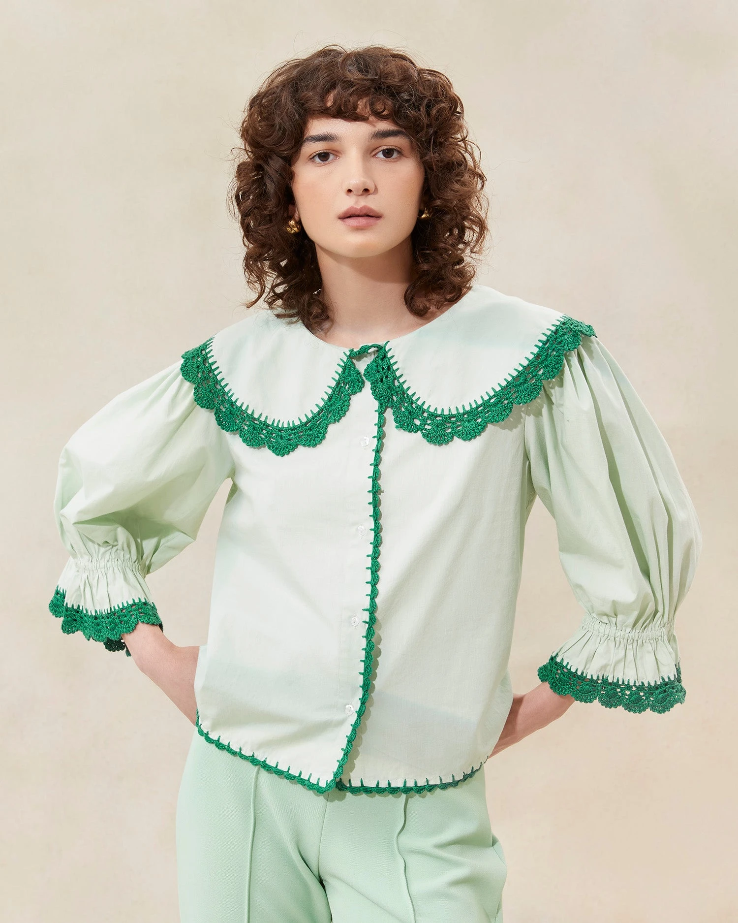 Loeffler Randall Tamar Mint/Pine Crochet-Collar Blouse 1 Loeffler Randall Tamar Mint/Pine Crochet-Collar Blouse