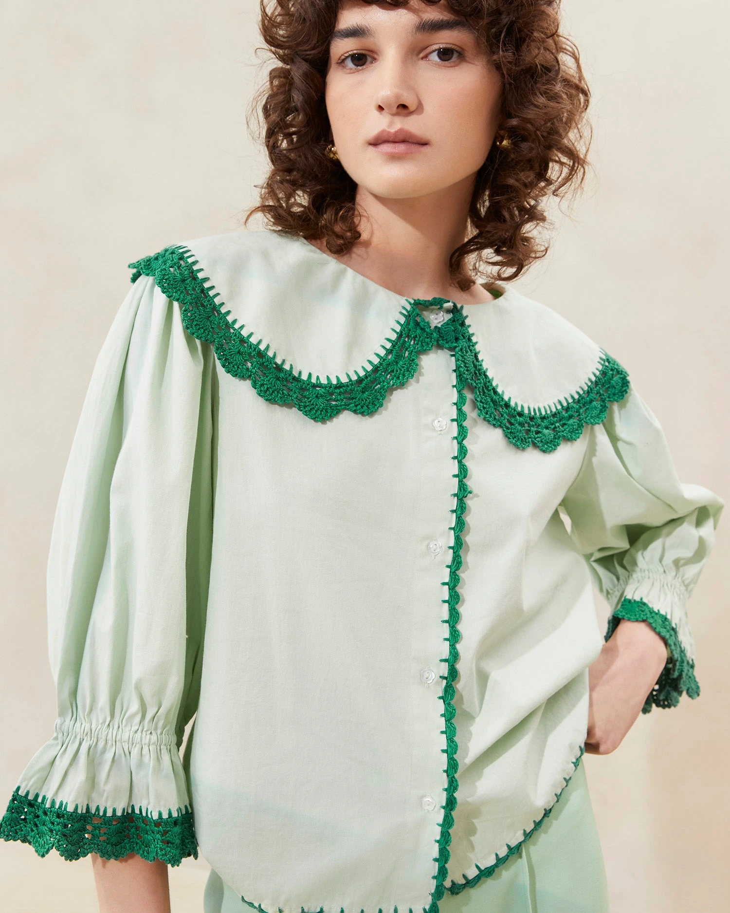 Loeffler Randall Tamar Mint/Pine Crochet-Collar Blouse 2 Loeffler Randall Tamar Mint/Pine Crochet-Collar Blouse - Image 2