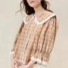 Loeffler Randall Tamar Tan/Plaid Crochet-Collar Blouse