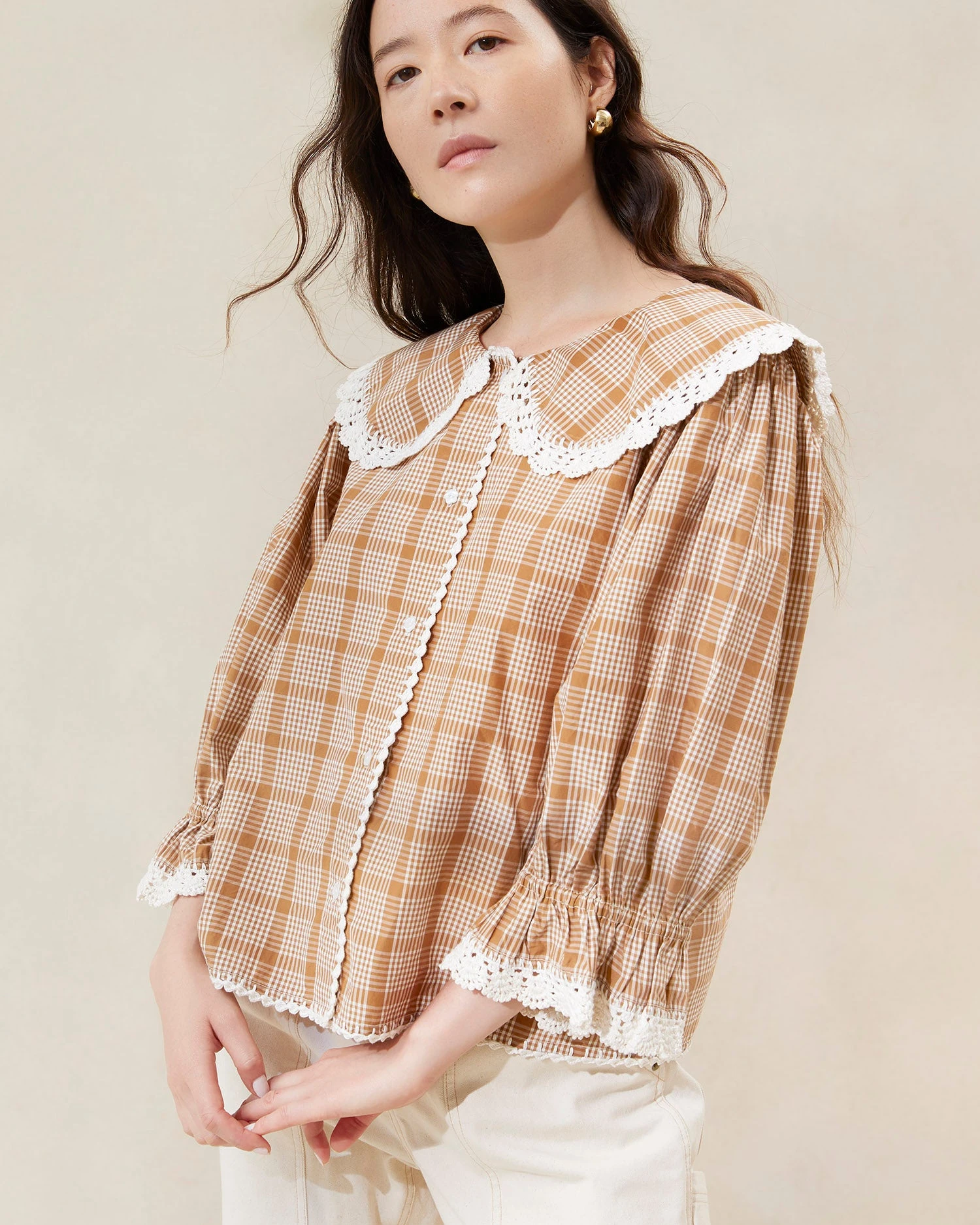 Loeffler Randall Tamar Tan/Plaid Crochet-Collar Blouse 1 Loeffler Randall Tamar Tan/Plaid Crochet-Collar Blouse