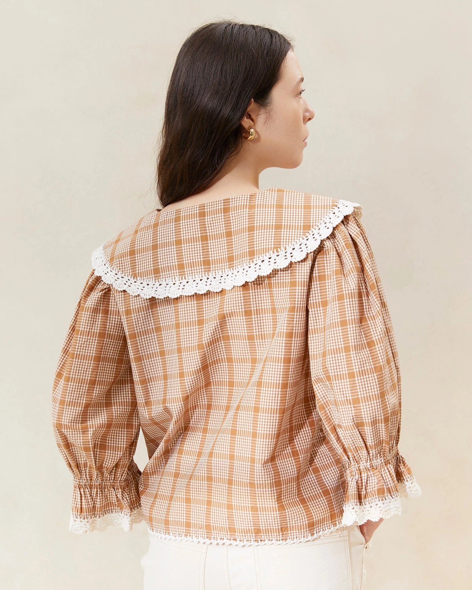 Loeffler Randall Tamar Tan/Plaid Crochet-Collar Blouse 3 Loeffler Randall Tamar Tan/Plaid Crochet-Collar Blouse - Image 3