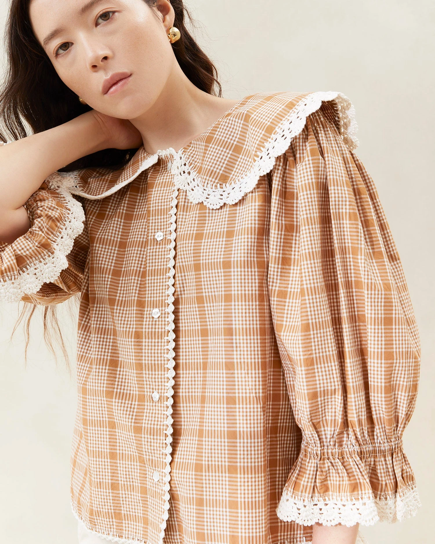 Loeffler Randall Tamar Tan/Plaid Crochet-Collar Blouse 2 Loeffler Randall Tamar Tan/Plaid Crochet-Collar Blouse - Image 2