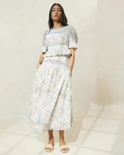 Loeffler Randall Theodora Floral Cinched-Waist Midi Skirt